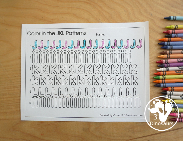 Free Romping & Roaring JKL Review Pack - with letter j, letter k, and letter l printables for reviewing the three letters with tracing, puzzles, coloring pages, finger puppets, game and more- 3Dinosaurs.com