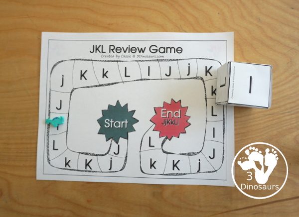 Free Romping & Roaring JKL Review Pack - with letter j, letter k, and letter l printables for reviewing the three letters with tracing, puzzles, coloring pages, finger puppets, game and more- 3Dinosaurs.com