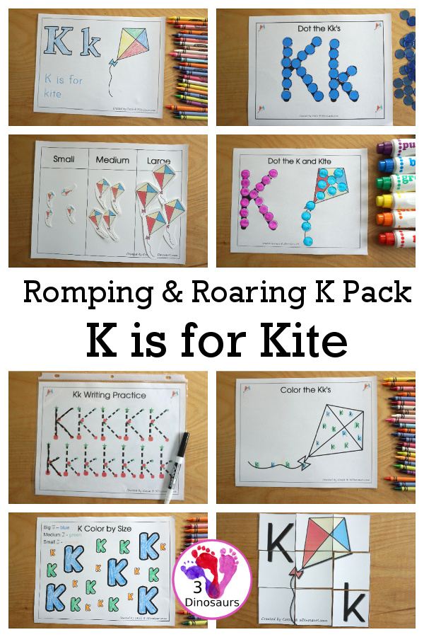 Free Romping & Roaring K Pack Letter Pack: K is for Kite - a letter k pack that has prewriting, finding letters, tracing letters, coloring pages, shapes, puzzles and more - 3Dinosaurs.com