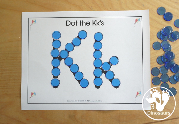 Free Romping & Roaring K Pack Letter Pack: K is for Kite - a letter k pack that has prewriting, finding letters, tracing letters, coloring pages, shapes, puzzles and more - 3Dinosaurs.com