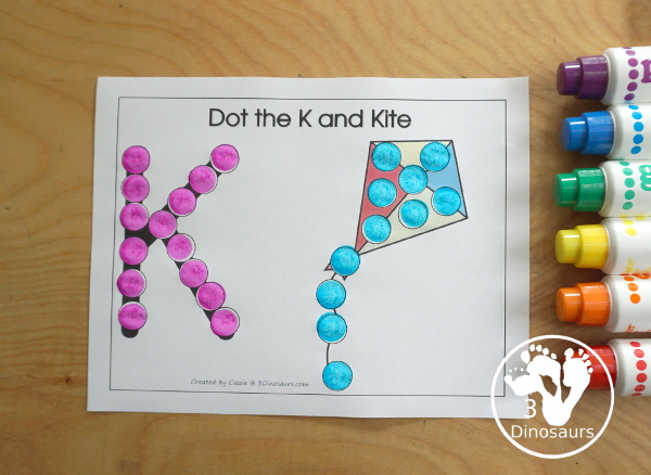 Free Romping & Roaring K Pack Letter Pack: K is for Kite - a letter k pack that has prewriting, finding letters, tracing letters, coloring pages, shapes, puzzles and more - 3Dinosaurs.com