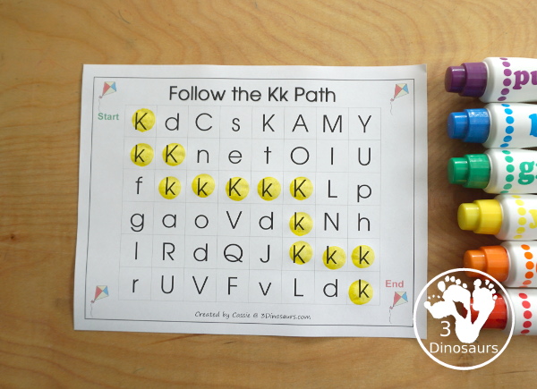 Free Romping & Roaring K Pack Letter Pack: K is for Kite - a letter k pack that has prewriting, finding letters, tracing letters, coloring pages, shapes, puzzles and more - 3Dinosaurs.com