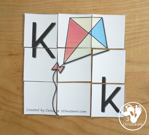 Free Romping & Roaring K Pack Letter Pack: K is for Kite - a letter k pack that has prewriting, finding letters, tracing letters, coloring pages, shapes, puzzles and more - 3Dinosaurs.com