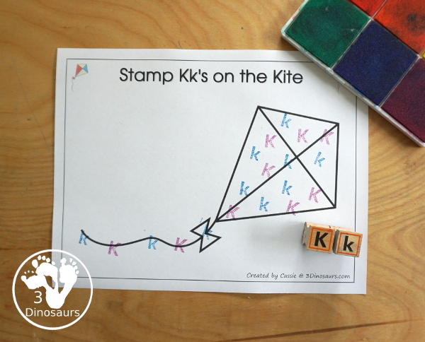 Free Romping & Roaring K Pack Letter Pack: K is for Kite - a letter k pack that has prewriting, finding letters, tracing letters, coloring pages, shapes, puzzles and more - 3Dinosaurs.com