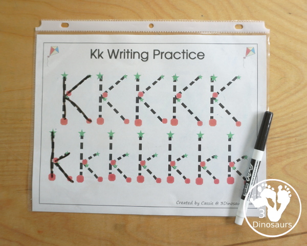 Free Romping & Roaring K Pack Letter Pack: K is for Kite - a letter k pack that has prewriting, finding letters, tracing letters, coloring pages, shapes, puzzles and more - 3Dinosaurs.com