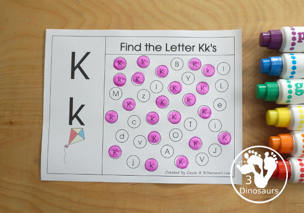 Free Romping & Roaring K Pack Letter Pack: K is for Kite - a letter k pack that has prewriting, finding letters, tracing letters, coloring pages, shapes, puzzles and more - 3Dinosaurs.com