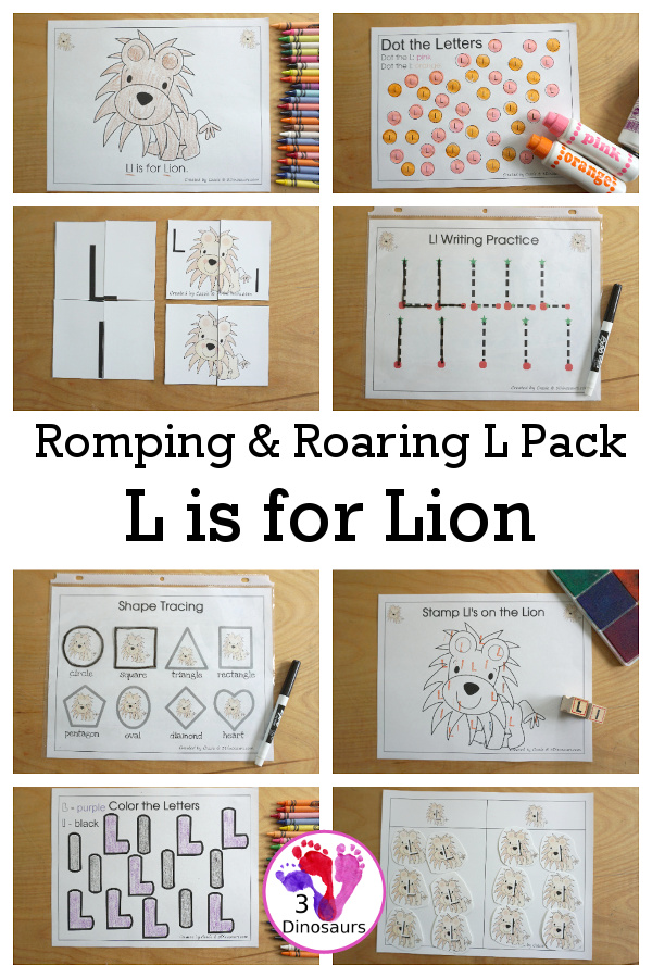 Free Romping & Roaring L Pack Letter Pack: L is for Lion - a letter l pack that has prewriting, finding letters, tracing letters, coloring pages, shapes, puzzles and more - 3Dinosaurs.com