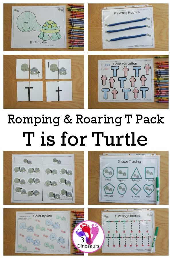 Free Romping & Roaring T Pack: T is for Turtle - a letter T pack that has prewriting, finding letters, tracing letters, coloring pages, shapes, puzzles and more - 3Dinosaurs.com