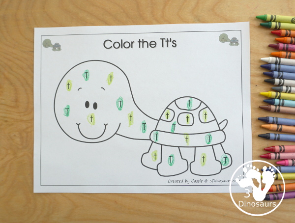 Free Romping & Roaring T Pack: T is for Turtle - a letter T pack that has prewriting, finding letters, tracing letters, coloring pages, shapes, puzzles and more - 3Dinosaurs.com