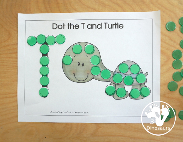 Free Romping & Roaring T Pack: T is for Turtle - a letter T pack that has prewriting, finding letters, tracing letters, coloring pages, shapes, puzzles and more - 3Dinosaurs.com