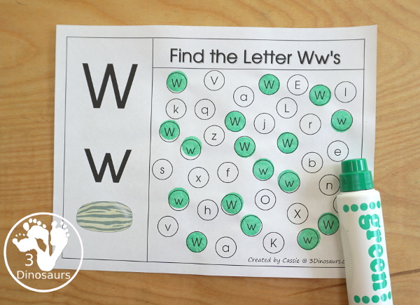 Free Romping & Roaring W Pack: Letter W is for Watermelon  - a letter W pack that has prewriting, finding letters, tracing letters, coloring pages, shapes, puzzles and more - 3Dinosaurs.com