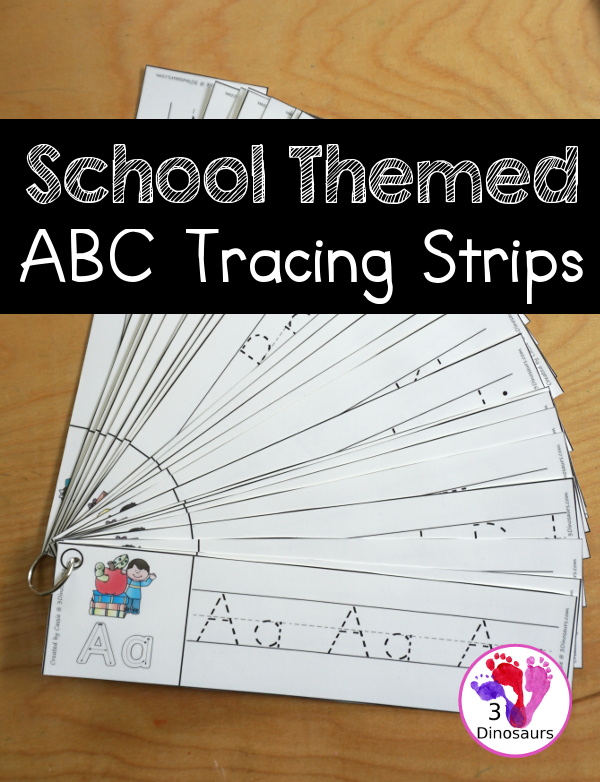 Free School Themed ABC Tracing Strips - with uppercase and lowercase together. You have fun kids with a school supply plus you can see an example of how to trace the letters - 3Dinosaurs.com