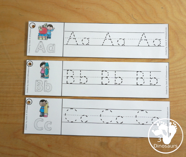Free School Themed ABC Tracing Strips - with uppercase and lowercase together. You have fun kids with a school supply plus you can see an example of how to trace the letters - 3Dinosaurs.com