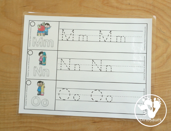 Free School Themed ABC Tracing Strips - with uppercase and lowercase together. You have fun kids with a school supply plus you can see an example of how to trace the letters - 3Dinosaurs.com