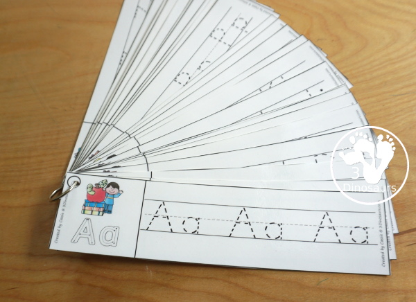 Free School Themed ABC Tracing Strips - with uppercase and lowercase together. You have fun kids with a school supply plus you can see an example of how to trace the letters - 3Dinosaurs.com