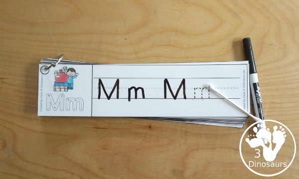 Free School Themed ABC Tracing Strips - with uppercase and lowercase together. You have fun kids with a school supply plus you can see an example of how to trace the letters - 3Dinosaurs.com