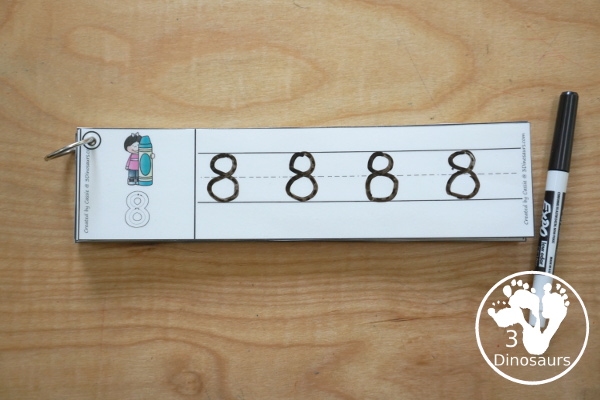 Free School Themed Number Tracing Strips - with numbers 0 to 20. You have fun kids with a school supply plus you can see an example of how to trace the numbers - 3Dinosaurs.com