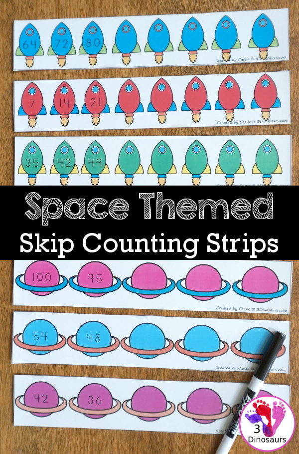 Free Space Theme Skip Counting Strips - 6 strips for each number from 1 to 12 with skip counting forward and backward - 3Dinosaurs.com #skipcounting #freeprintable 