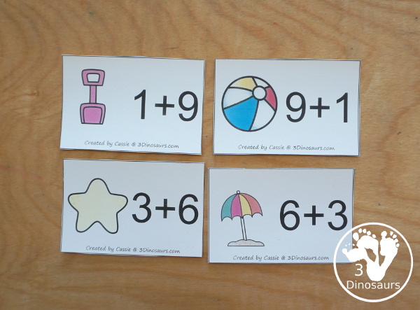 Free Beach Addition Flashcards with addition from 1 to 10 with all the ways to add up to each number - 3Dinosaurs.com