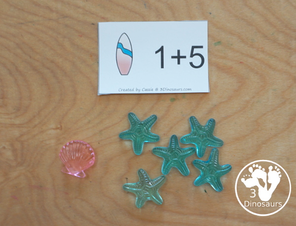 Free Beach Addition Flashcards with addition from 1 to 10 with all the ways to add up to each number - 3Dinosaurs.com