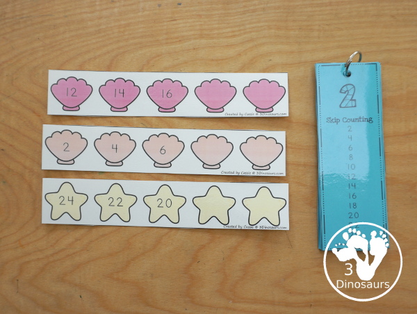 Free Beach Skip Counting Strips & Worksheet - with 4 skip counting strips for each number you are skip counting by with skip counting forward and skip counting backward with a fun recording worksheet for the beach skip counting strips. - 3Dinosaurs.com