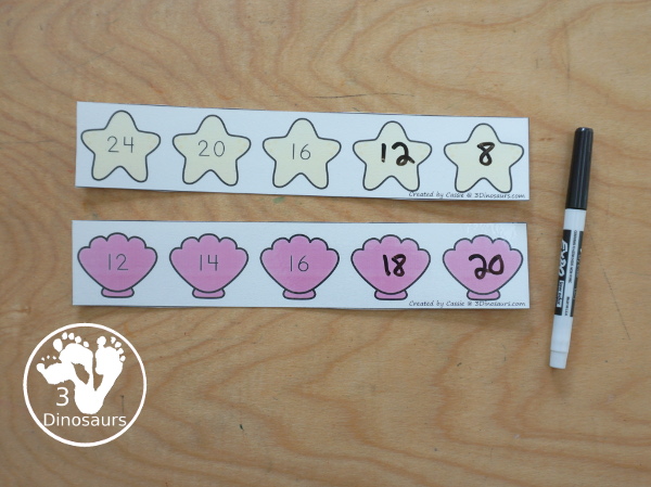 Free Beach Skip Counting Strips & Worksheet - with 4 skip counting strips for each number you are skip counting by with skip counting forward and skip counting backward with a fun recording worksheet for the beach skip counting strips. - 3Dinosaurs.com