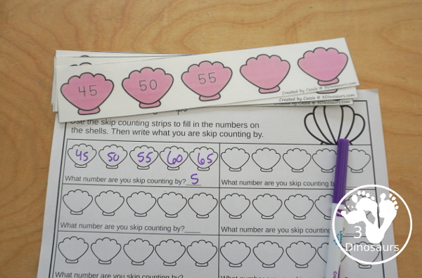 Free Beach Skip Counting Strips & Worksheet - with 4 skip counting strips for each number you are skip counting by with skip counting forward and skip counting backward with a fun recording worksheet for the beach skip counting strips. - 3Dinosaurs.com