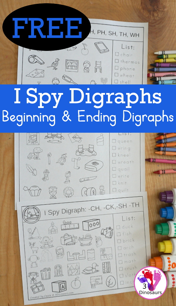 Free Digraph I Spy Printable - with three pages of digraph I printables to use with kids. You have a set with h digraphs and ending digraphs and qu, know and wr. - 3Dinosaurs.com
