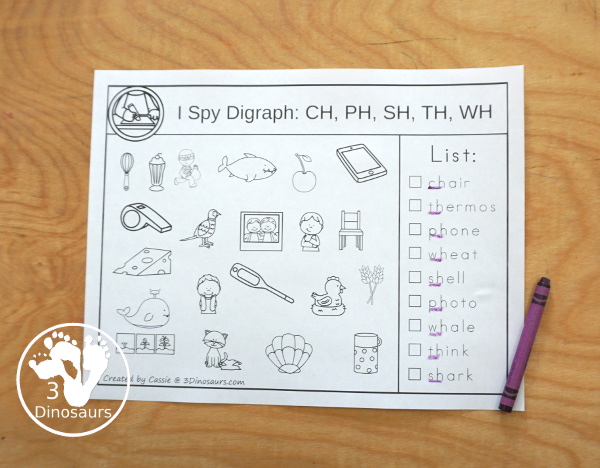 Free Digraph I Spy Printable - with three pages of digraph I printables to use with kids. You have a set with h digraphs and ending digraphs and qu, know and wr. - 3Dinosaurs.com