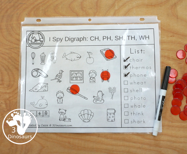 Free Digraph I Spy Printable - with three pages of digraph I printables to use with kids. You have a set with h digraphs and ending digraphs and qu, know and wr. - 3Dinosaurs.com