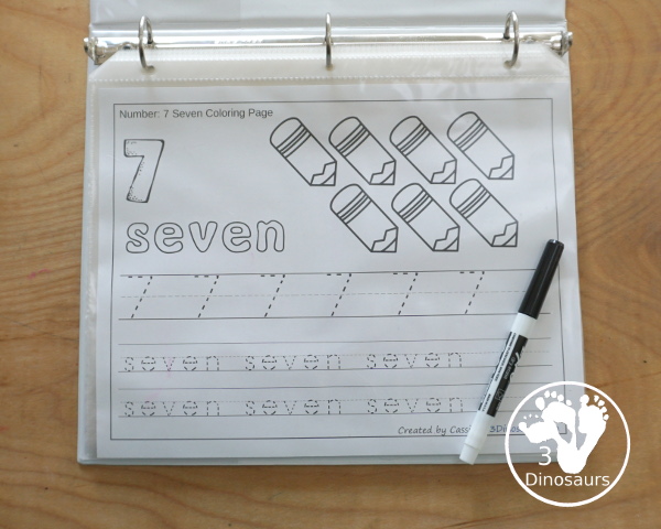 Free Pencil Themed Number Color & Trace - Numbers 1 to 10 with a number to color, pencils to count and color and three lines of tracing numbers - 3Dinosaurs.com