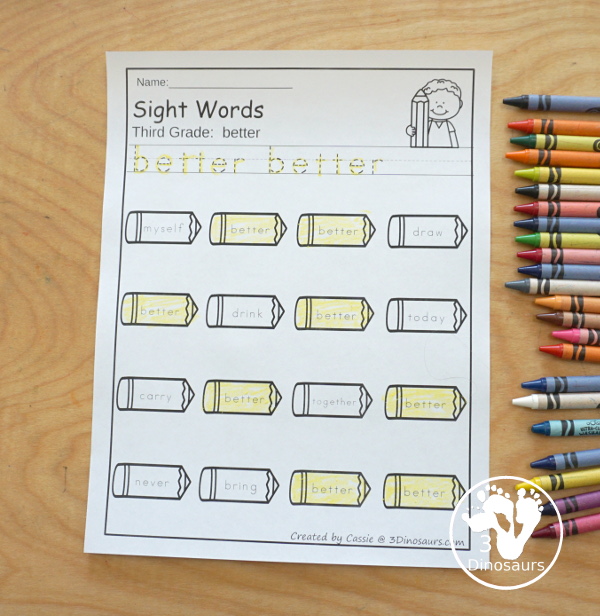 Pencil Sight Word Finds: Dolch Preprimer, Primer, First Grade, Second Grade, and Third Grade - You have tracing the sight words and find the sight words on fun hearts. This is a great no-prep printable for  back to school- 3Dinosaurs.com