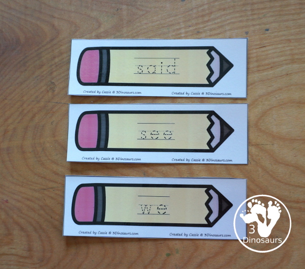 Sight Word Pencil Tracing Cards - with all 220 Dolch Sight Words with cards sorting by sight word list - With tracing on colored pencil or a black and white pencil option - 3Dinosaurs.com