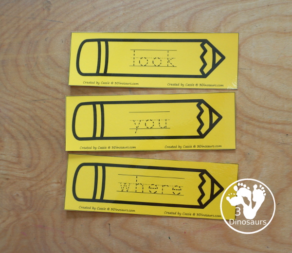 Sight Word Pencil Tracing Cards - with all 220 Dolch Sight Words with cards sorting by sight word list - With tracing on colored pencil or a black and white pencil option - 3Dinosaurs.com