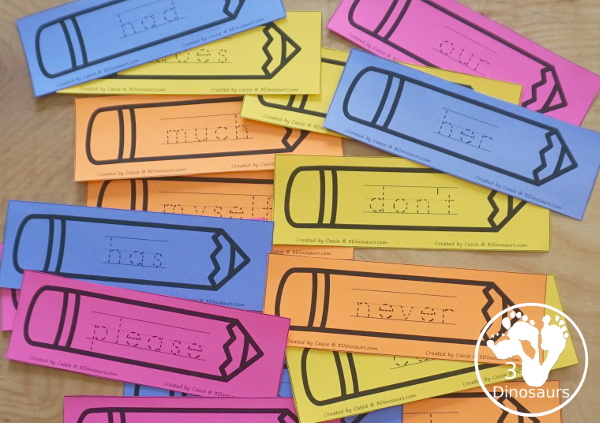 Sight Word Pencil Tracing Cards - with all 220 Dolch Sight Words with cards sorting by sight word list - With tracing on colored pencil or a black and white pencil option - 3Dinosaurs.com