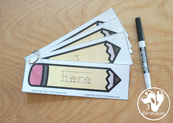 Sight Word Pencil Tracing Cards - with all 220 Dolch Sight Words with cards sorting by sight word list - With tracing on colored pencil or a black and white pencil option - 3Dinosaurs.com