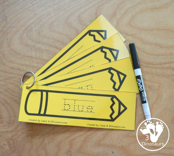 Sight Word Pencil Tracing Cards - with all 220 Dolch Sight Words with cards sorting by sight word list - With tracing on colored pencil or a black and white pencil option - 3Dinosaurs.com