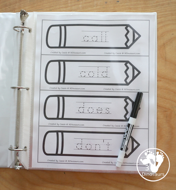 Sight Word Pencil Tracing Cards - with all 220 Dolch Sight Words with cards sorting by sight word list - With tracing on colored pencil or a black and white pencil option - 3Dinosaurs.com