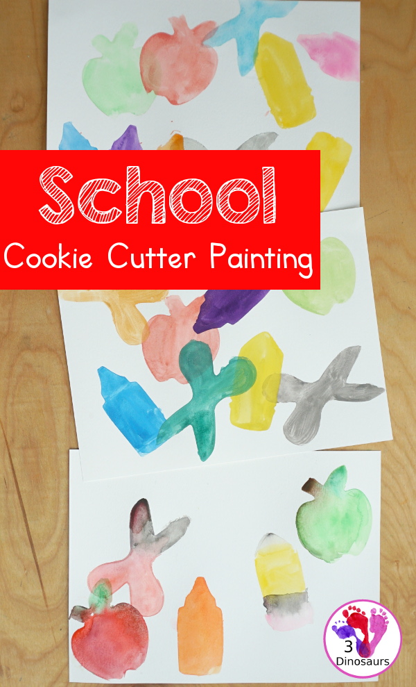 School Cookie Cutter Watercolor Painting - a super easy back to school watercolor painting with cookie cutters with school themes of pencils, scissors, crayons and apples - 3Dinosaurs.com