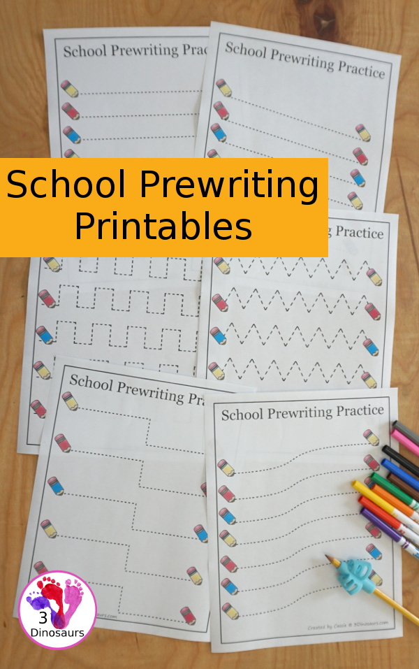 Free School Prewriting Printables - 14 pages of free school prewriting with different lines on each page for kids to trace - 3Dinosaurs.com #freeprintable #prewriting #3dinosaurs