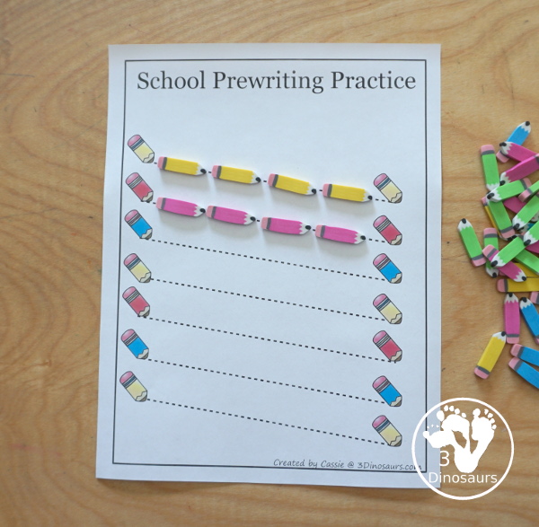 Free School Prewriting Printables - 14 pages of free school prewriting with different lines on each page for kids to trace - 3Dinosaurs.com #freeprintable #prewriting #3dinosaurs