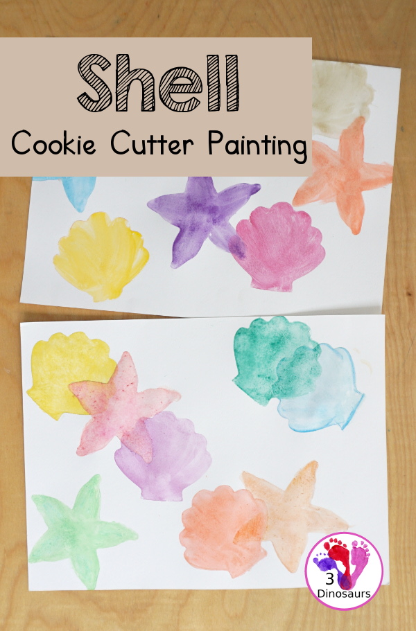 Shell Cookie Cutter Watercolor Painting for a fun beach painting theme for kids. With cookie cutters to make a fun and creative painting of shells - 3Dinosaurs.com