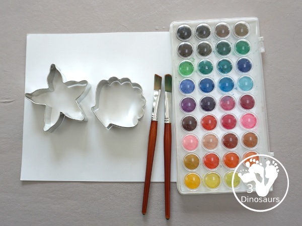 Shell Cookie Cutter Watercolor Painting for a fun beach painting theme for kids. With cookie cutters to make a fun and creative painting of shells - 3Dinosaurs.com