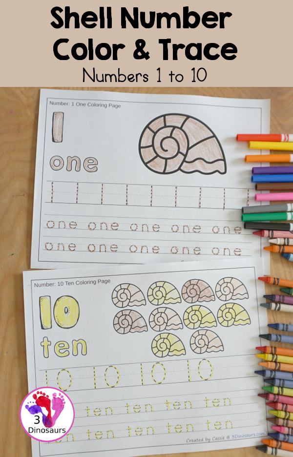 Free Shell Themed Number Color & Trace - Numbers 1 to 10 with a number to color, shells to count and color and three lines of tracing numbers - 3Dinosaurs.com