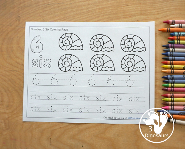 Free Shell Themed Number Color & Trace - Numbers 1 to 10 with a number to color, shells to count and color and three lines of tracing numbers - 3Dinosaurs.com