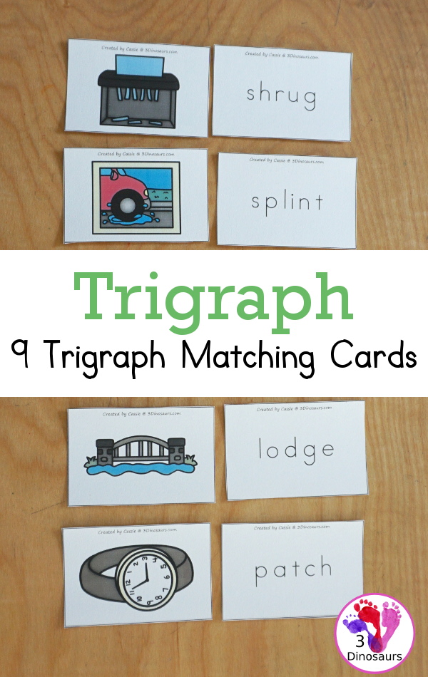 Free Trigraph Matching Cards with 9 matching cards with beginning and ending trigraphs with picture of  trigraph that matches a word that starts with the same trigraph - 3Dinosaurs.com