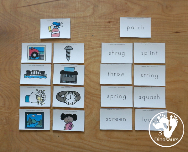 Free Trigraph Matching Cards with 9 matching cards with beginning and ending trigraphs with picture of  trigraph that matches a word that starts with the same trigraph - 3Dinosaurs.com