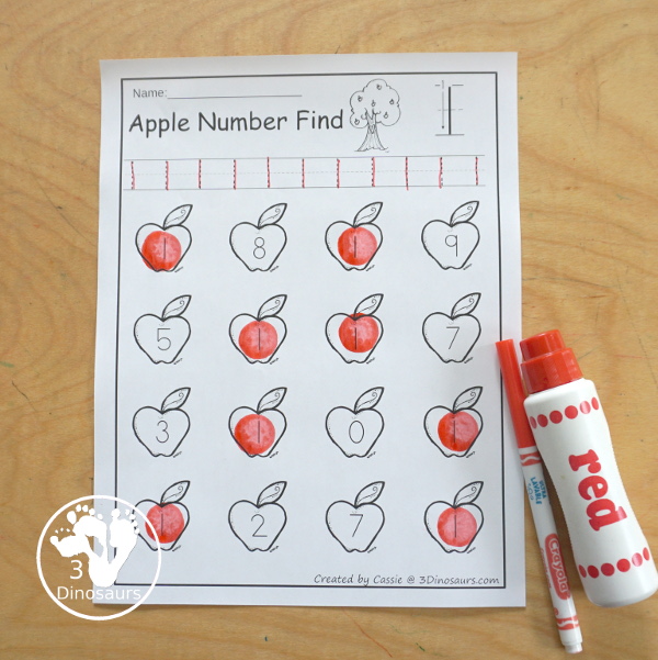 Apple Number Find Printable - for numbers 0 to 20 for kids to trace numbers and then find numbers with number words and numerical number options good. - 3Dinosaurs.com