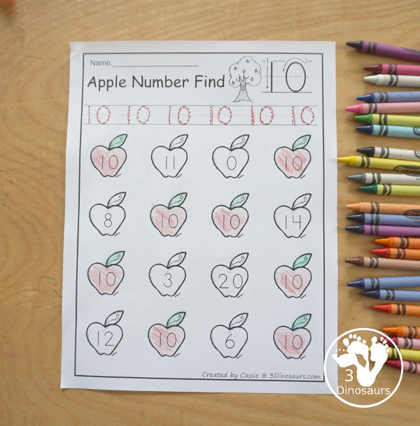 Apple Number Find Printable - for numbers 0 to 20 for kids to trace numbers and then find numbers with number words and numerical number options good. - 3Dinosaurs.com