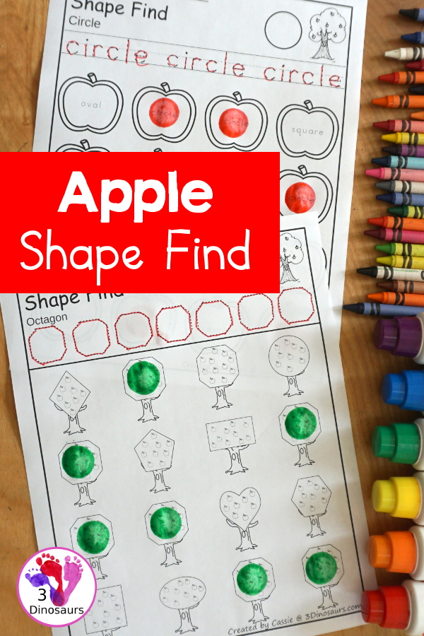 Apple Shape Find Printables with 11 shapes for kids in prek, kindergarten and first grade. You can trace the shapes and then find the shapes below with shape words and geometric shapes. You have 24 pages of printables - 3Dinosaurs.com